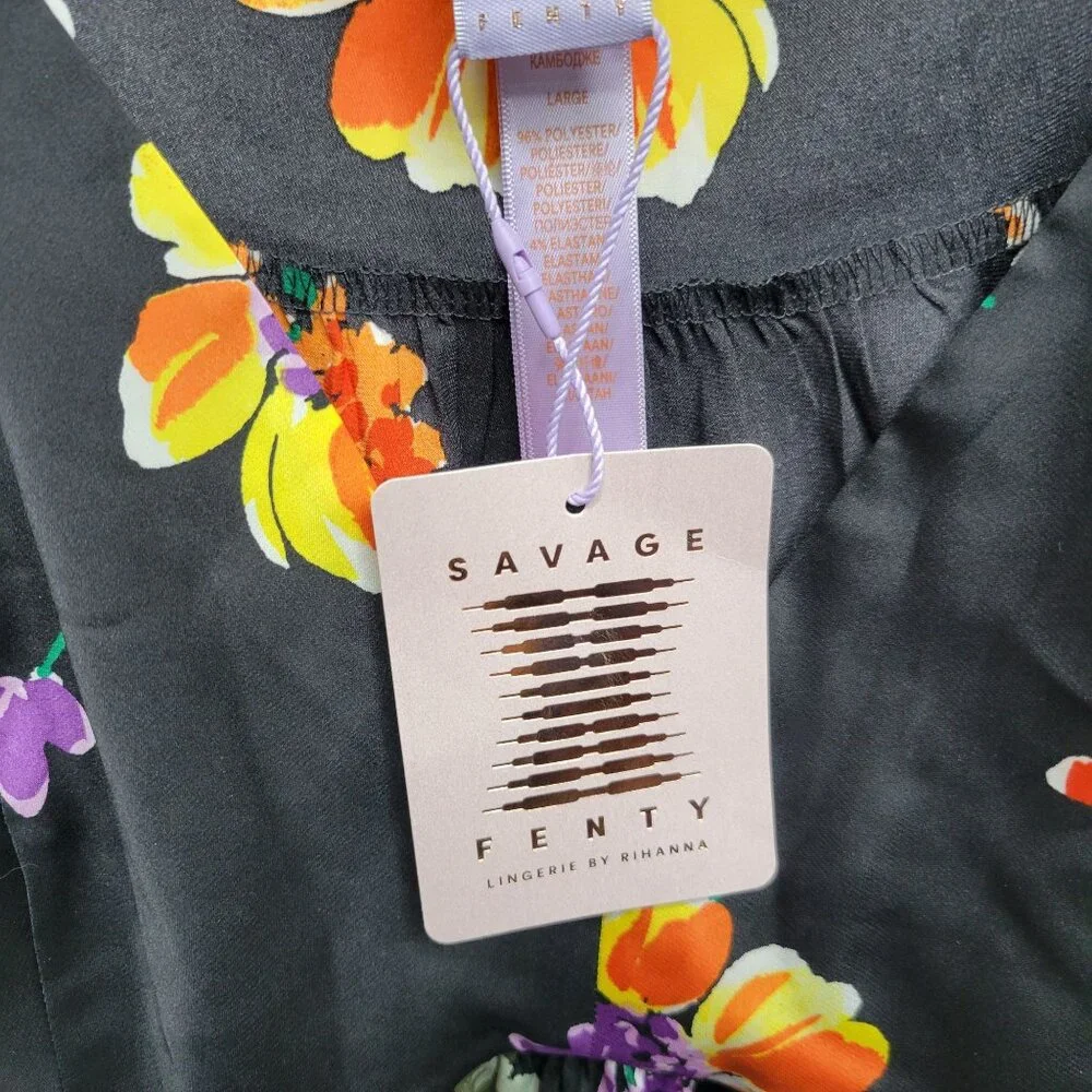Savage X Fenty Satin Black Floral‎ Tie-Shoulder V-Neck Babydoll Cami Tank Size L